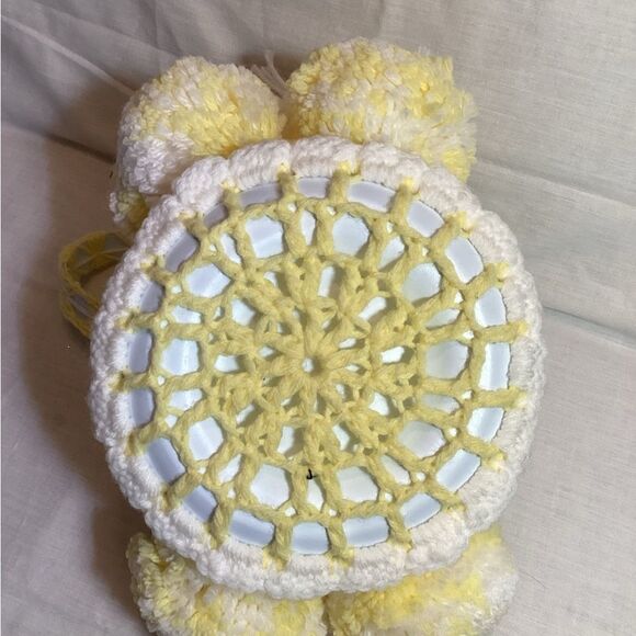 Bunny Easter Basket Handmade Yellow & White Yarn Crochet with Pom Poms - Picture 10 of 12